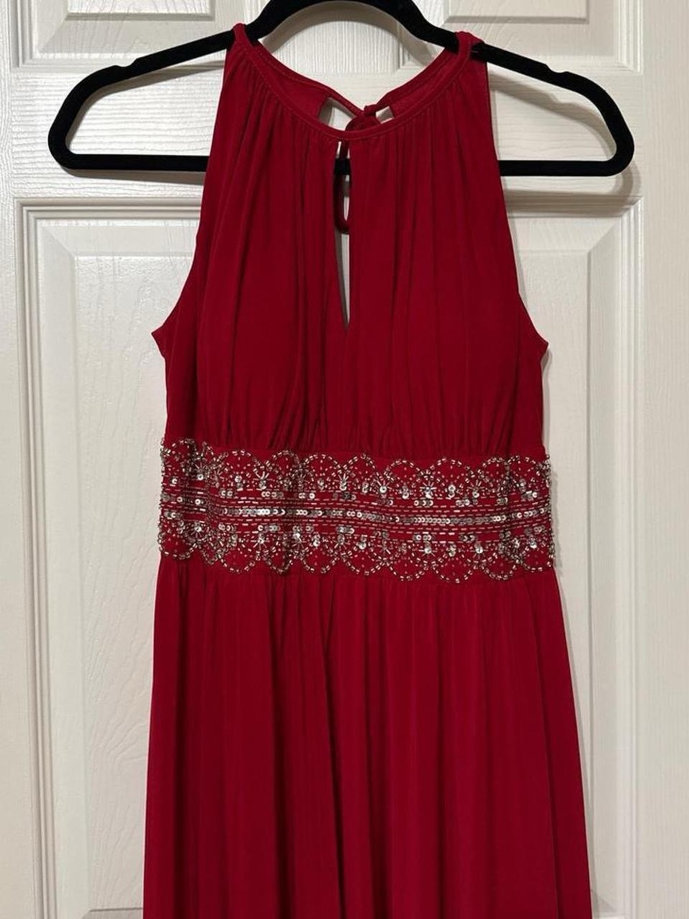 Red Sleeveless Evening Dress with Beaded Waist
